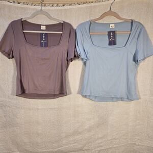 MISIFI Women's Square Neck Cropped XL Lot of 2 Stretch Short Sleeve Shirts NWT